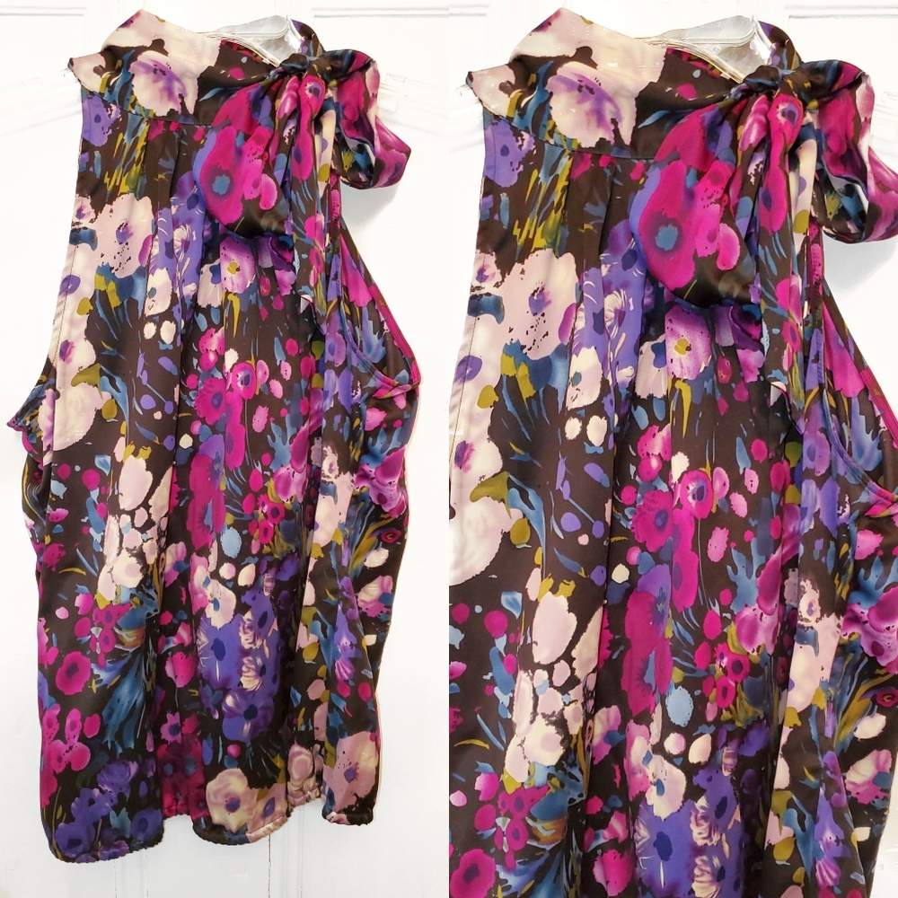 Floral top with bow, high neck